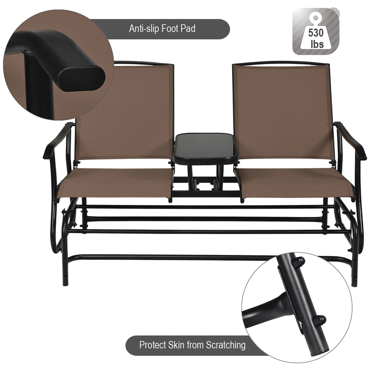 Gymax Patio 2-Person Glider Rocking Char Loveseat Garden w/ Tempered Glass Table Brown