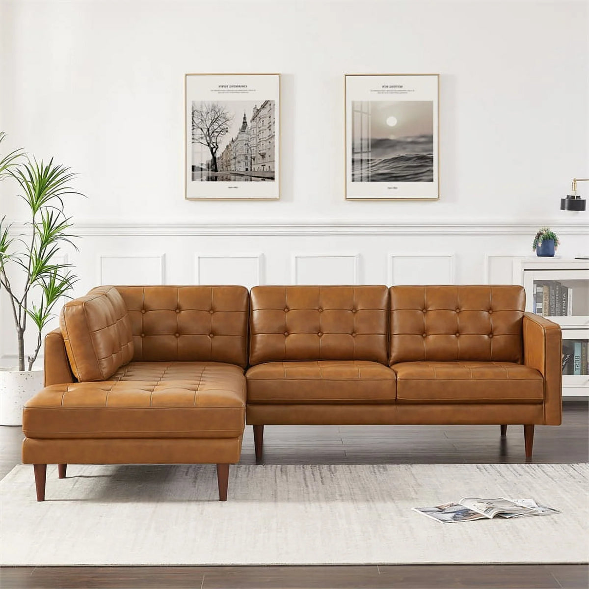 Lucille Modern Living Room Top Leather Corner Sectional Couch in Cognac Tan