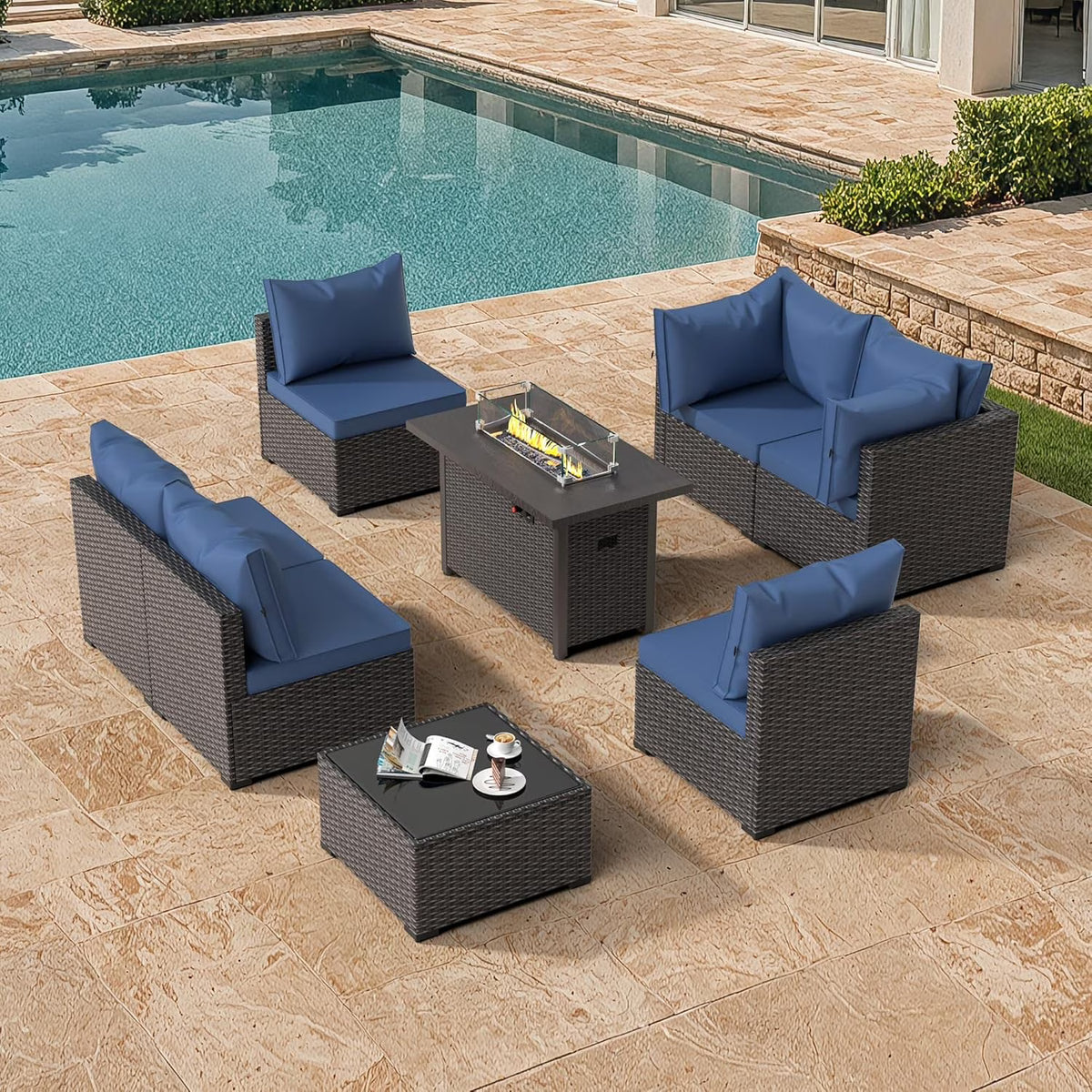 8 Piece Patio Furniture Set with 42" Propane Gas Fire Pit Table with Coffee Table,Blue