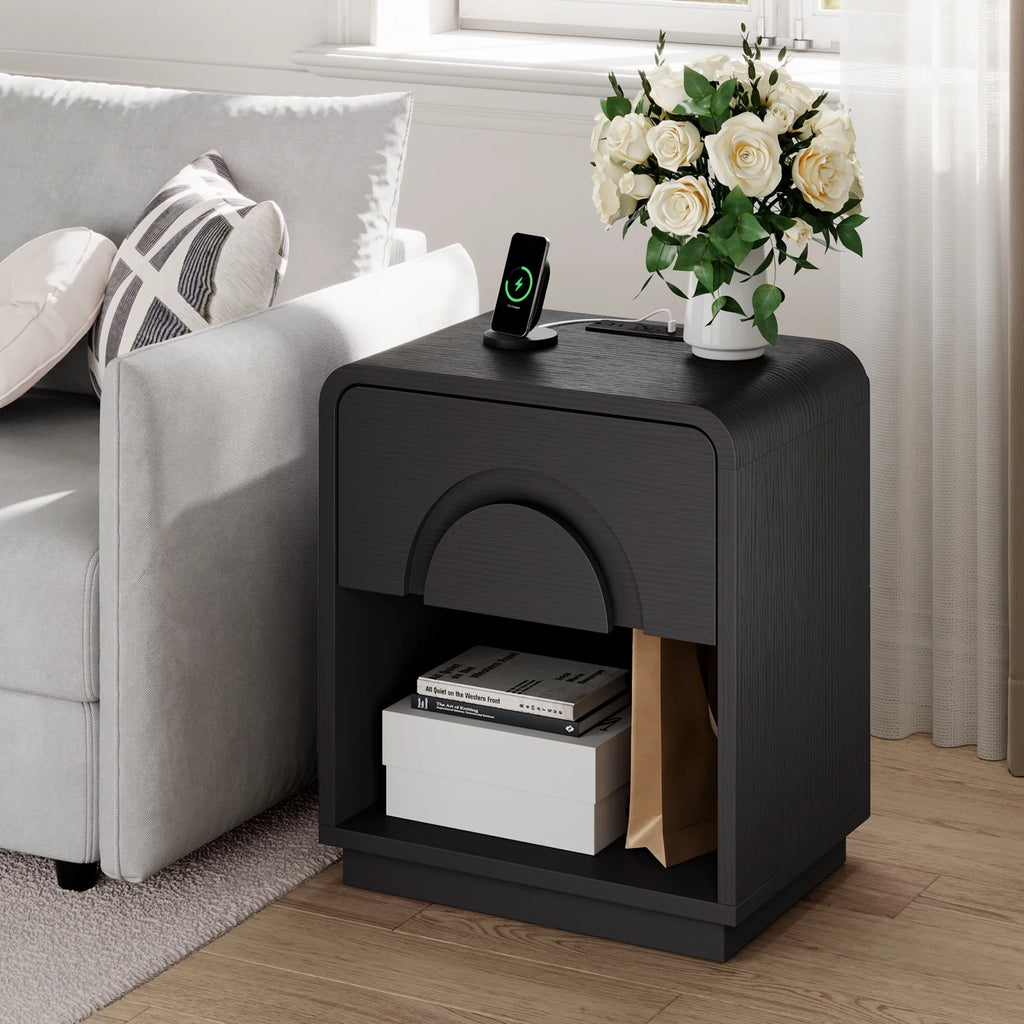 Bestier Nightstands Set of 2 with Charging Station, Modern Bedside Table End Table with Storage Drawer & Open Shelf for Bedroom Living Room Dorm Office, Natural