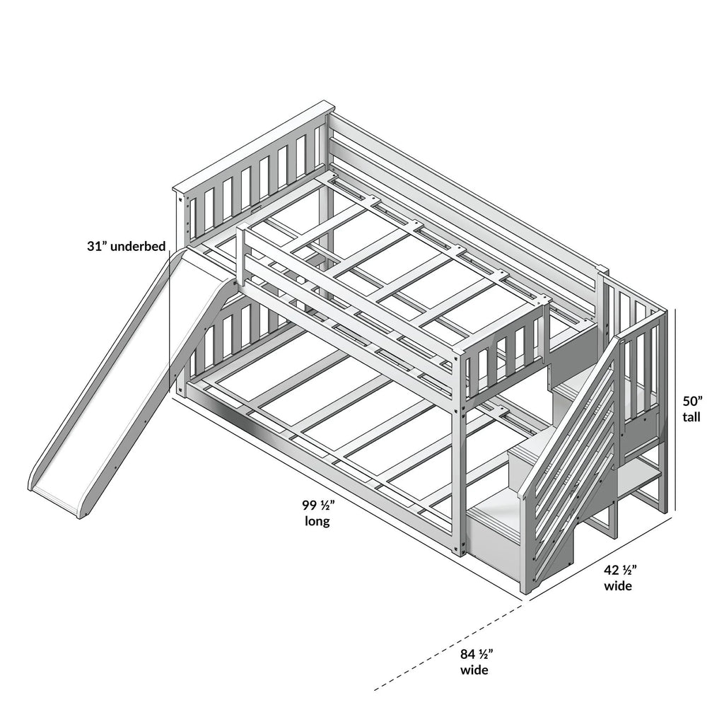 Max & Lily Wood Twin over Twin Bunk Bed for Kids with Wooden Staircase and Slide, White