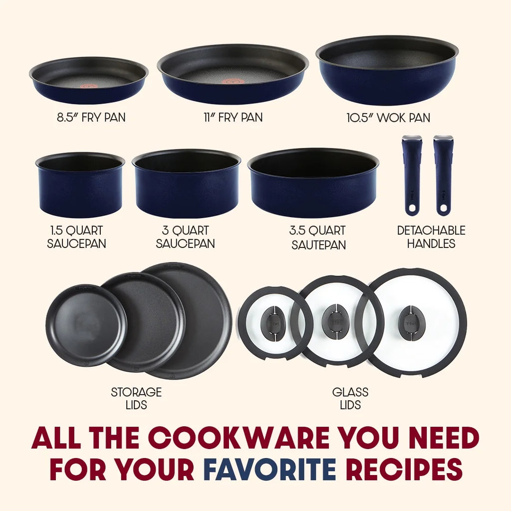 T-fal Ingenio Expertise Nonstick 14-Piece Cookware Set, Induction Oven Safe up to 500F, Detachable Handle, Onyx Black