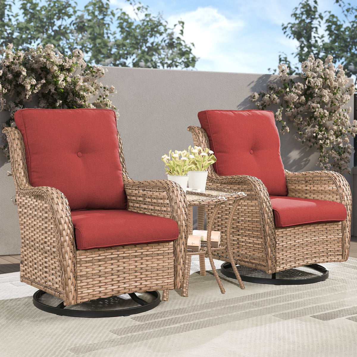 POCASSY 3 Piece Patio Set Outdoor Wicker Glider Rocking and Swivel Chairs with Cushions