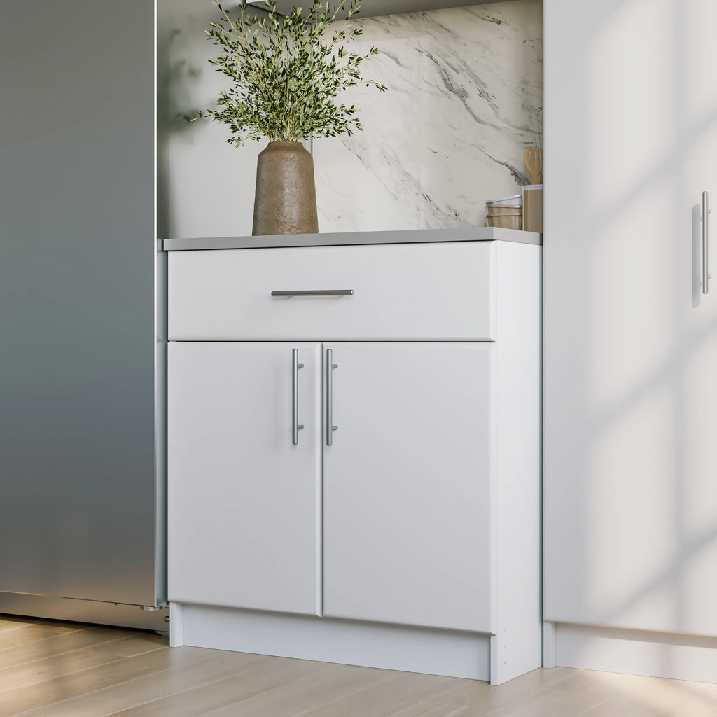 Prepac Elite 36" Tall Storage Cabinet with Doors and Shelves, Multipurpose Garage Cabinet with Large Drawer and Adjustable Shelf, Open Back Storage Furniture for Kitchen, Laundry Room, Garage, White