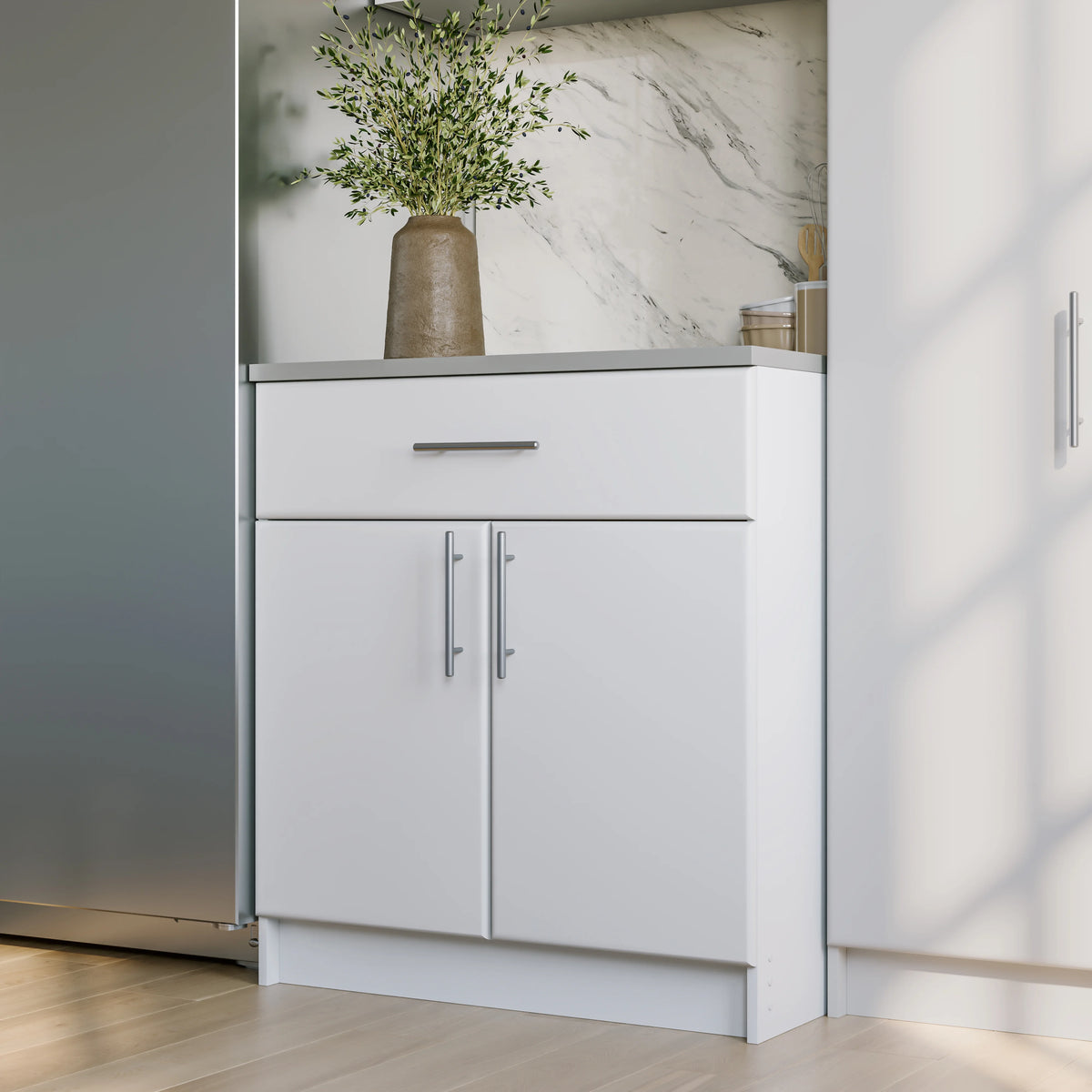 Prepac Elite 36" Tall Storage Cabinet with Doors and Shelves, Multipurpose Garage Cabinet with Large Drawer and Adjustable Shelf, Open Back Storage Furniture for Kitchen, Laundry Room, Garage, White