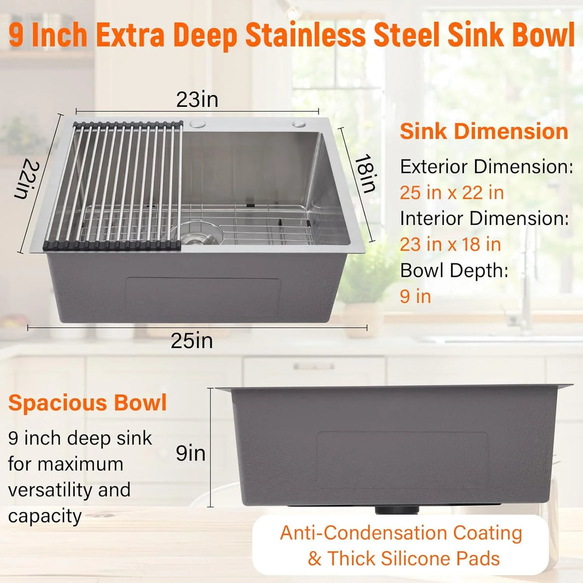 Garvee 33 x 22 Drop In Kitchen Sink, 16 Gauge Stainless Steel Topmount Deep Single Bowl Sink with Grid and Drain Strainer Set, Household Dishwasher Sinks for Workstation, RV, Prep Kitchen, Bar Sink