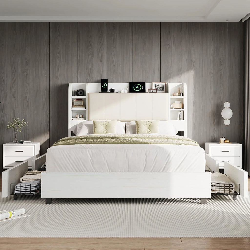 PLAUIN King Size Bed Frame with Storage Drawers, 47.2" Headboard and Wooden Platform, Grey