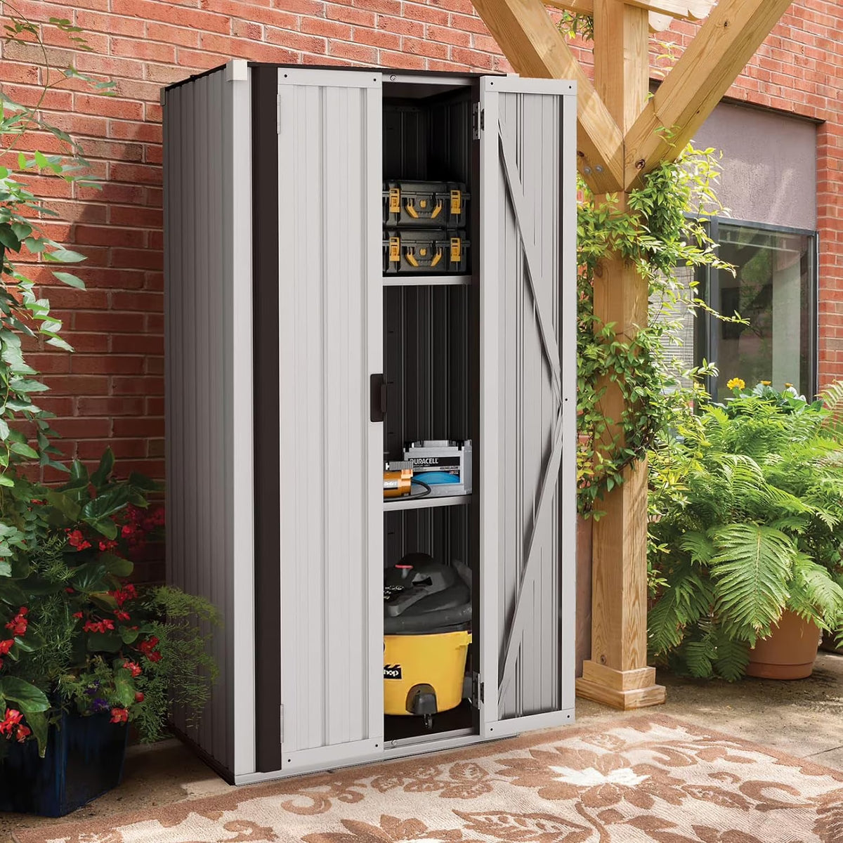 AECOJOY Outdoor Storage Cabinet Waterproof with Adjustable Shelves, Lockable Metal Outdoor Garden Storage Sheds Organizer in Brown, Versatile for Garage, Backyard, or Indoor Use