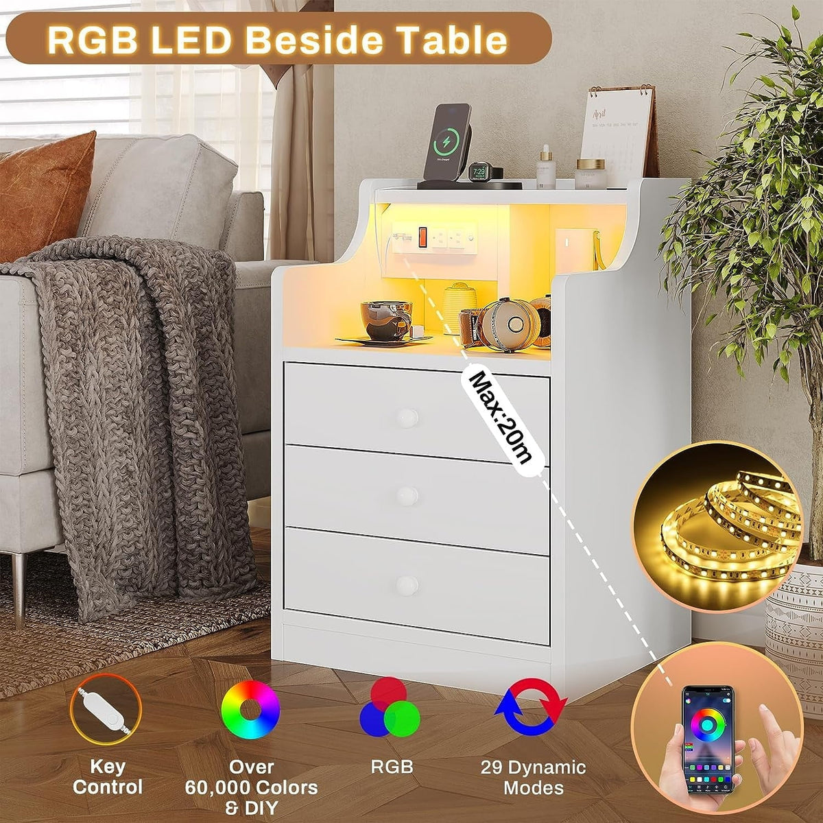 Nightstand with 3 Drawers and Shelves,Night Stand with LED Lights and USB Port Charging Station,LED Bedside Table with Hutch,Black