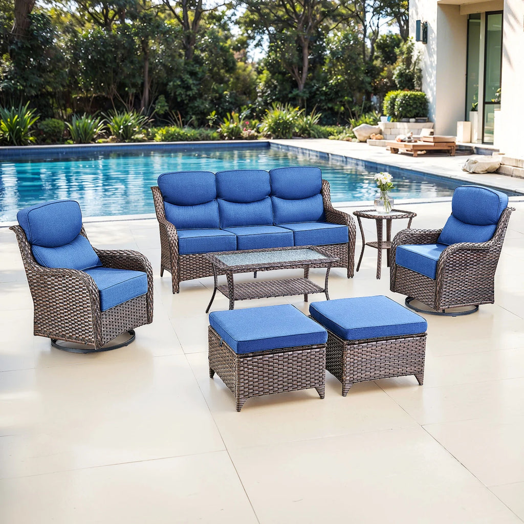 Bellefurn Luxury Outdoor Patio Furniture Set,Swivel Rocker Patio Chairs with 6-inch Thick Cushion,Patio Sofa and Glass Coffee Table,Outdoor Conversation Set for Porch, Deck, Yard