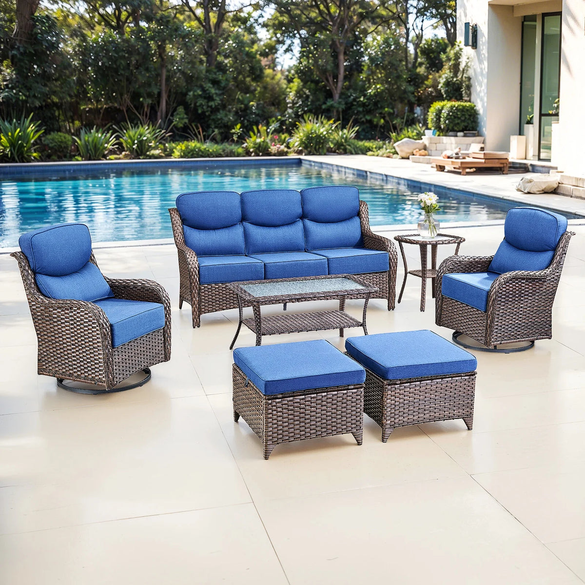Bellefurn Luxury Outdoor Patio Furniture Set,Swivel Rocker Patio Chairs with 6-inch Thick Cushion,Patio Sofa and Glass Coffee Table,Outdoor Conversation Set for Porch, Deck, Yard