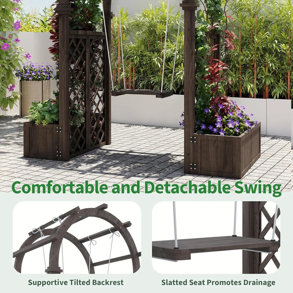 Wooden Garden Arbor with Planter&Swing,Outdoor Arbor Trellis for Climbing Plants, Roses, Vines, Outside Pergola Planter, Garden Arch for Lawn Backyard Wedding Ceremony Bridal Party