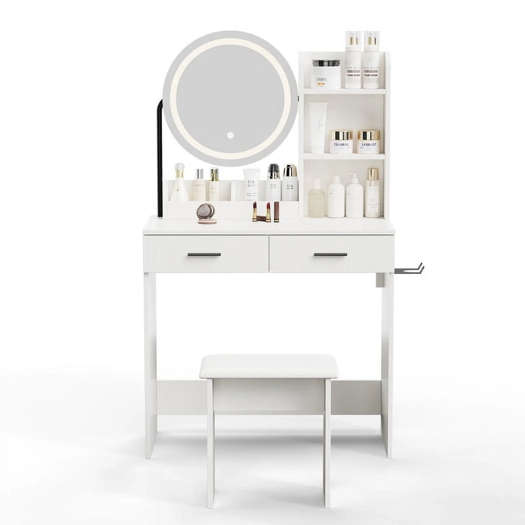 Vanity Desk with Chair, White Makeup Desk Set with Mirror & LED Lights, Vanity Table with Power Strip, 2 Drawers, 4 Shelves