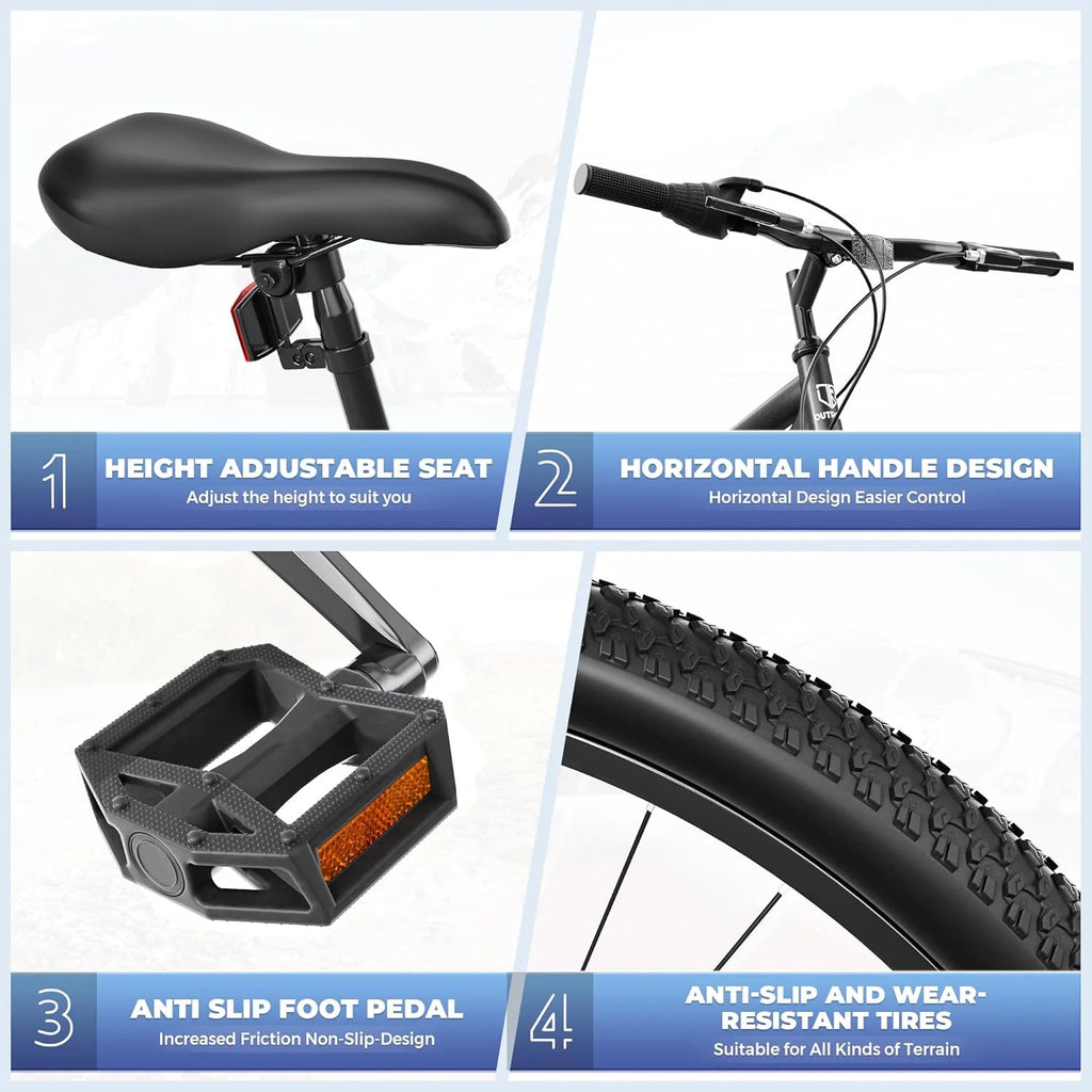 Outroad 26 Inch Mountain Bike, 7/21-Speed/High-Carbon Steel/Aviation Grade Frame, Dual Disc/V Brake, Adjustable Ergonomic Seat Bicycle for Men Women Adult, Quick Assembly in 20 Minutes