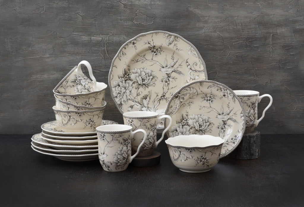 222 Fifth Adelaide Round 16-Piece Porcelain Dinnerware Set, Black Toile