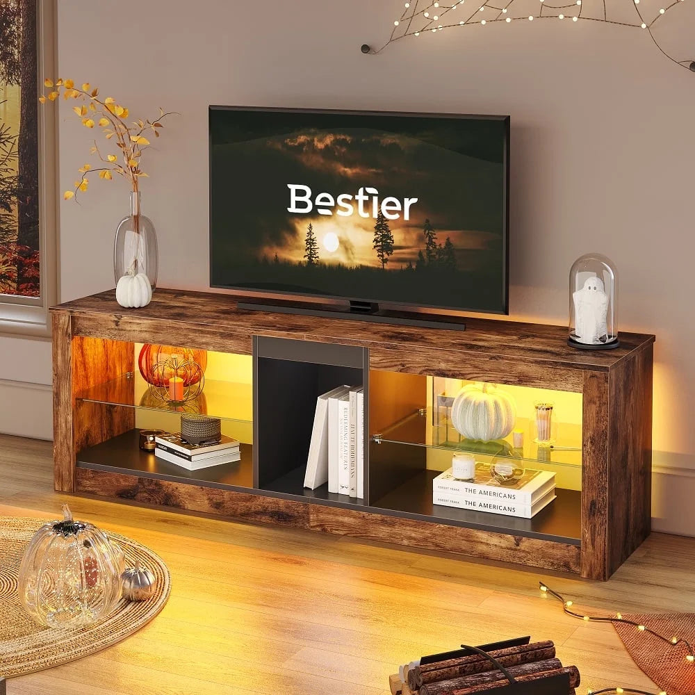 Bestier Entertainment Center with LED Lights TV Stand Media Console Table for TVs up to 60" in Light Grey