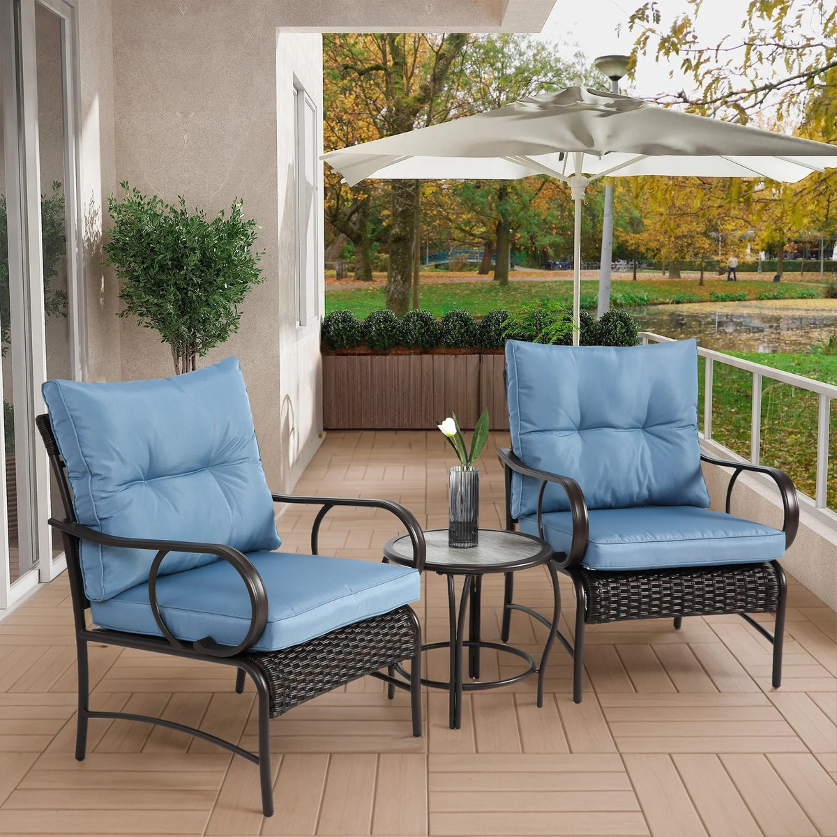 Villeston 3 Piece Outdoor Wicker Conversation Patio Set, with 2 Chairs, Table for Porch Garden,Blue