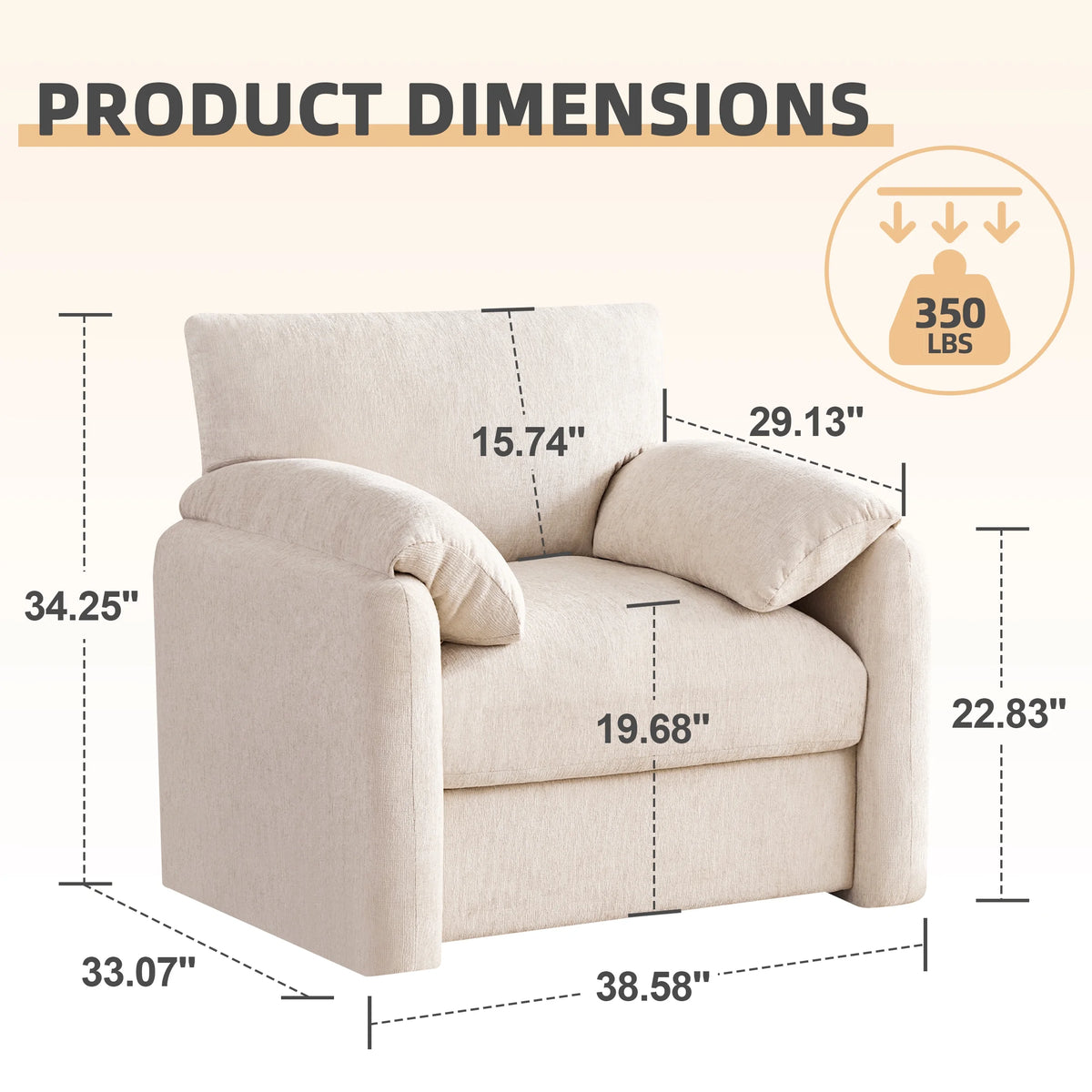Chenille Oversized Armchair, 38.6" Wide Accent Chairs for Living Room & Bedroom Modern Lounge Chair, Upholstered Mid-Century Reading Chair, Comfy Living Room Chair, Single Sofa Chair, Beige
