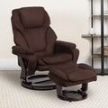 Emma + Oliver Multi-Position Recliner & Ottoman with Swivel Wood Base in Brown Microfiber