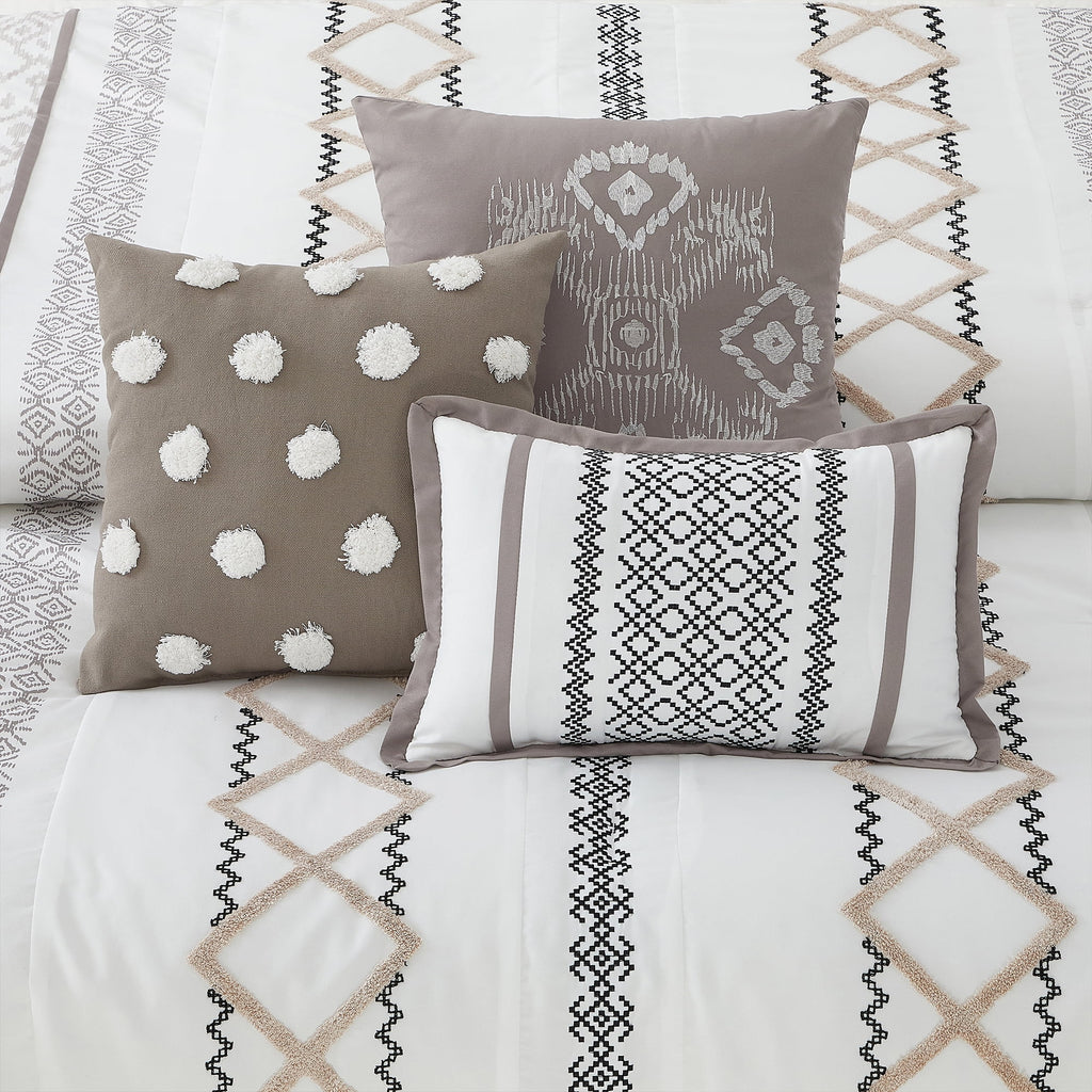 Lanco Luxury 7 Piece Cozy Boho Comforter Set Queen Beige Embroidered Girls Bedding, Premium Microfiber, All Season Home Décor