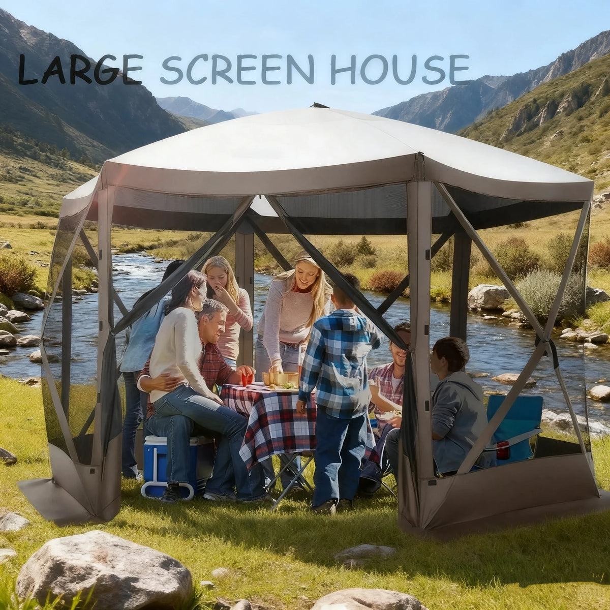COBIZI 12'x12' Pop-up Gazebo Outdoor Camping Tent with 6 Sides Mosquito Netting, Waterproof, UV Resistant, Portable Screen House Room, Easy Set-up Party Tent with Carry bag, Ground Spike, Brown