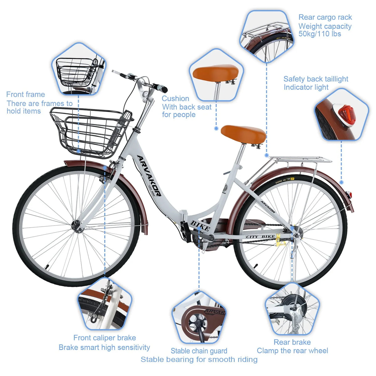 26 Inch Women Bike, Classic Bicycle Retro Bicycle, Cruiser Bike, White