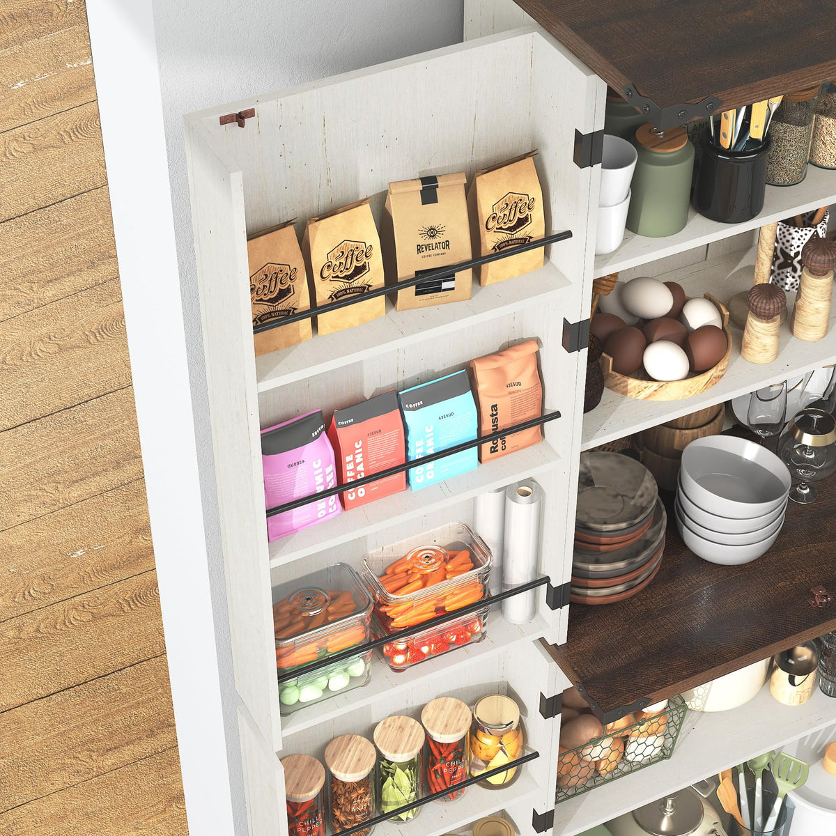 71" Tall Farmhouse Kitchen Pantry with 12 Side Shelves & Adjustable Shelves, 5 Layers Pantry Storage Cabinet w/Load-Bearing Steel Pipe & 4 Barn Doors for Kitchen, Dining Room, Living Room, Brown