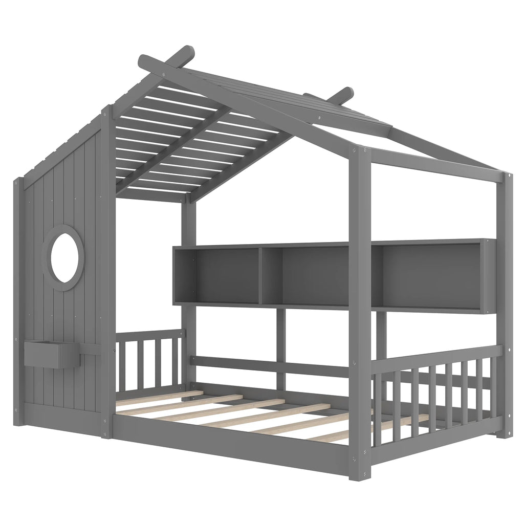 Miniyam Twin Size Montessori Floor House Bed with Roof Design and Storage Shelf for Kids, White