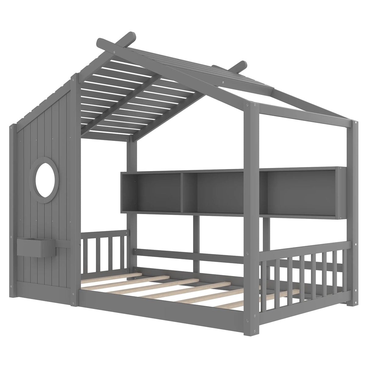 Miniyam Twin Size Montessori Floor House Bed with Roof Design and Storage Shelf for Kids, White