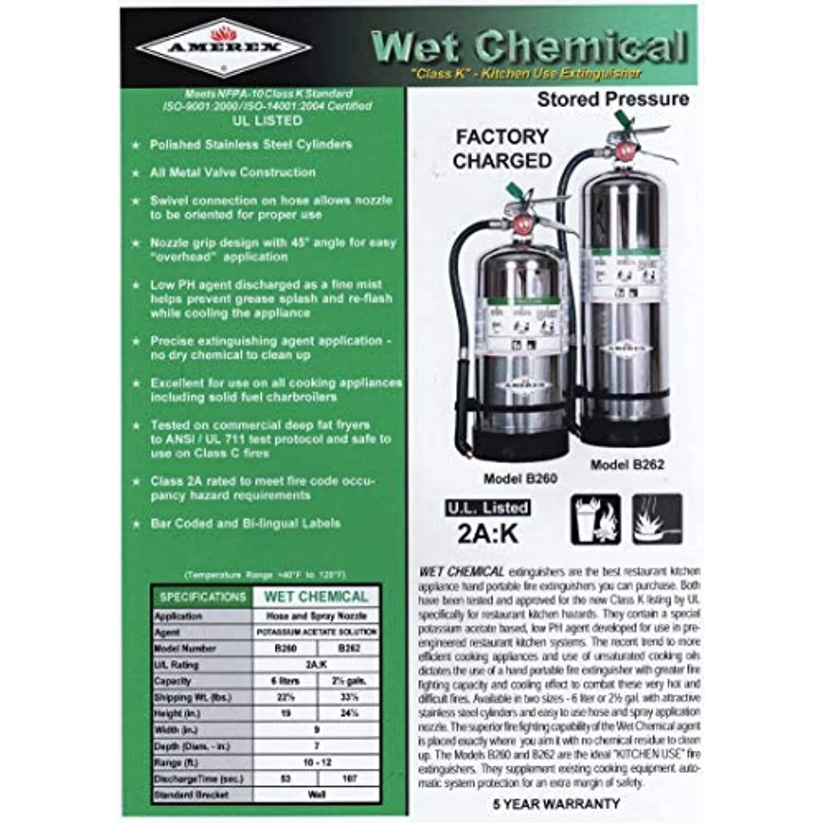 Amerex B260 6 Liter Wet Chemical Class A K Fire Extinguisher