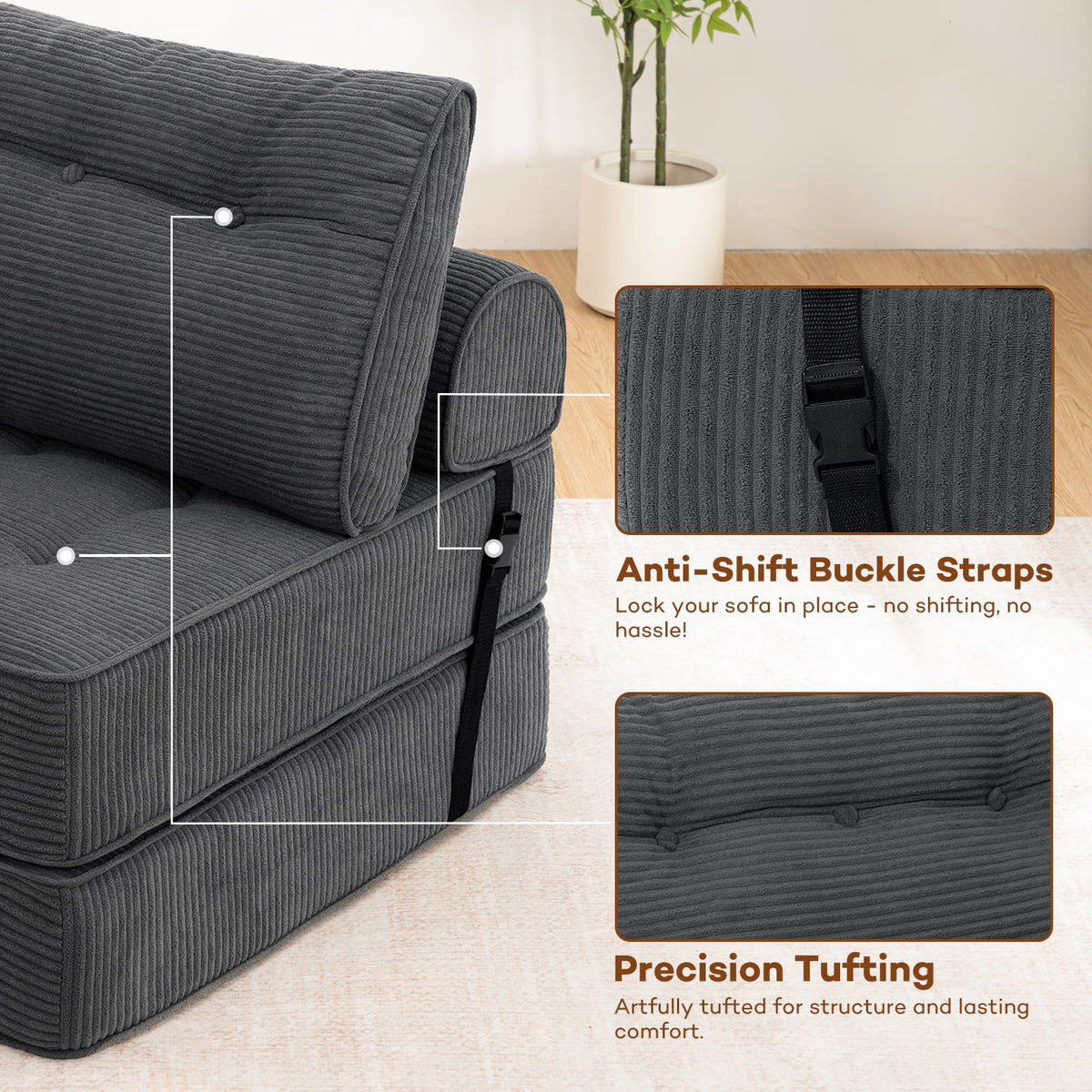 Hommpa Folding Sofa Bed Foldable Couch Bed Convertible Futon Chair with High Density Foam Filling with Pillow for Adult,Comfort chair bed for Living Room Bedroom,Gray,Single