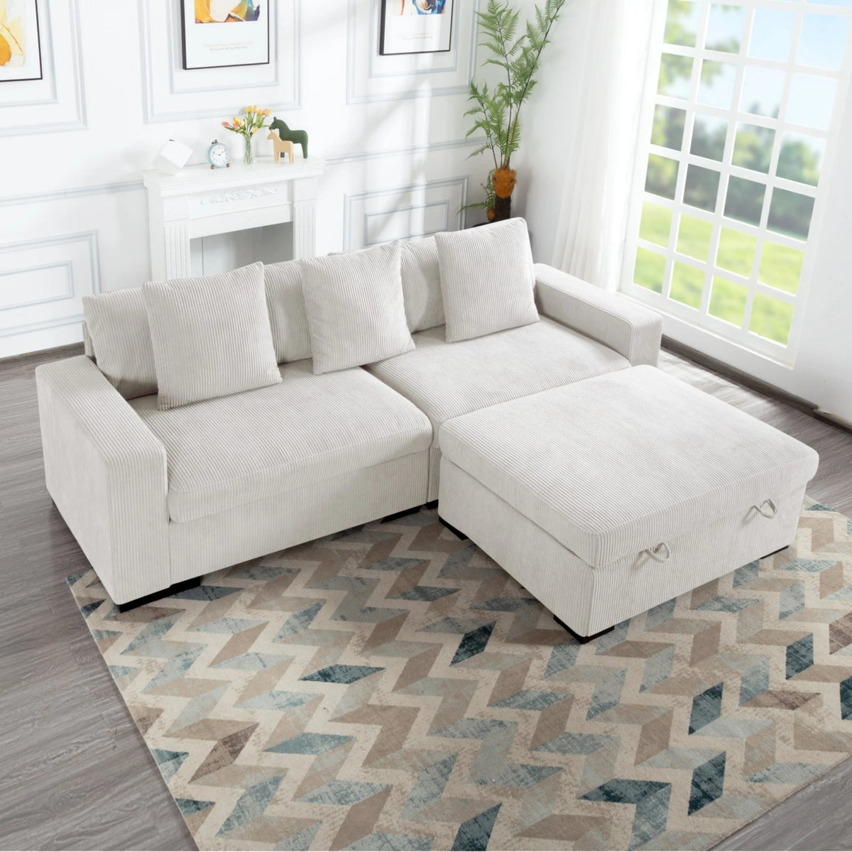 Gewnee 103.5-Inch Modular Corduroy Sofa Set with Solid Wood Legs, High-Density Foam, Suitable for Living Room/Bedroom/Office