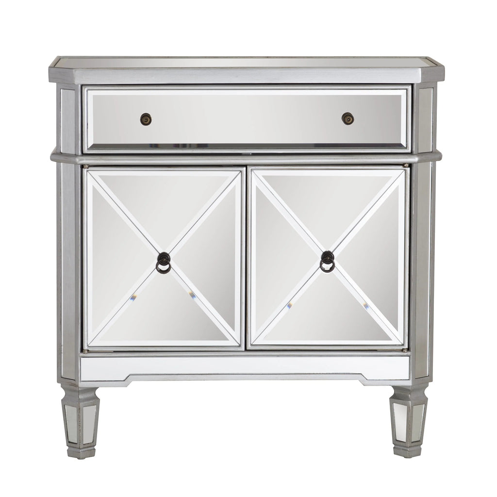 Powell Deville 2-Door Single Drawer Indoor Console Table with Shelves, Mirrored Surfaces and Luxe Silver Wood