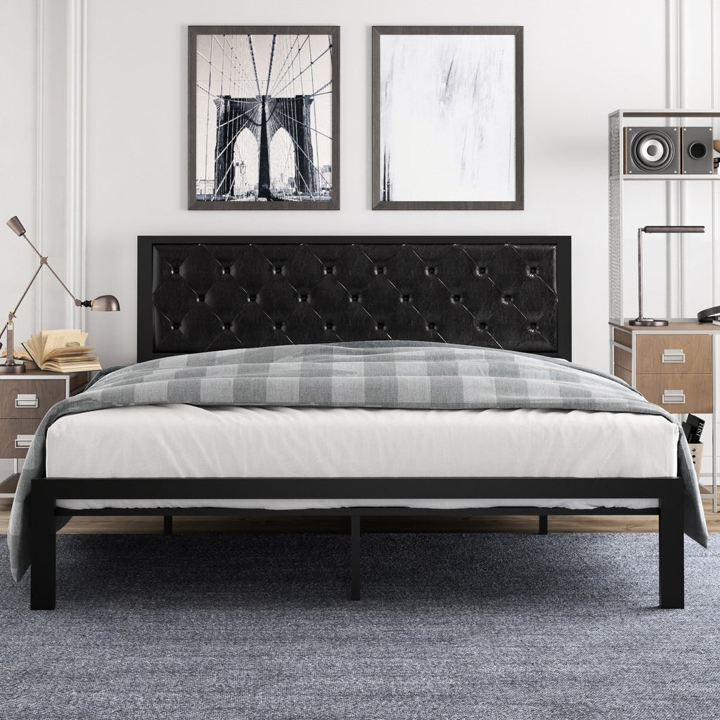 Amolife Twin Size Metal Bed Frame with Upholstered Headboard, Dark Gray