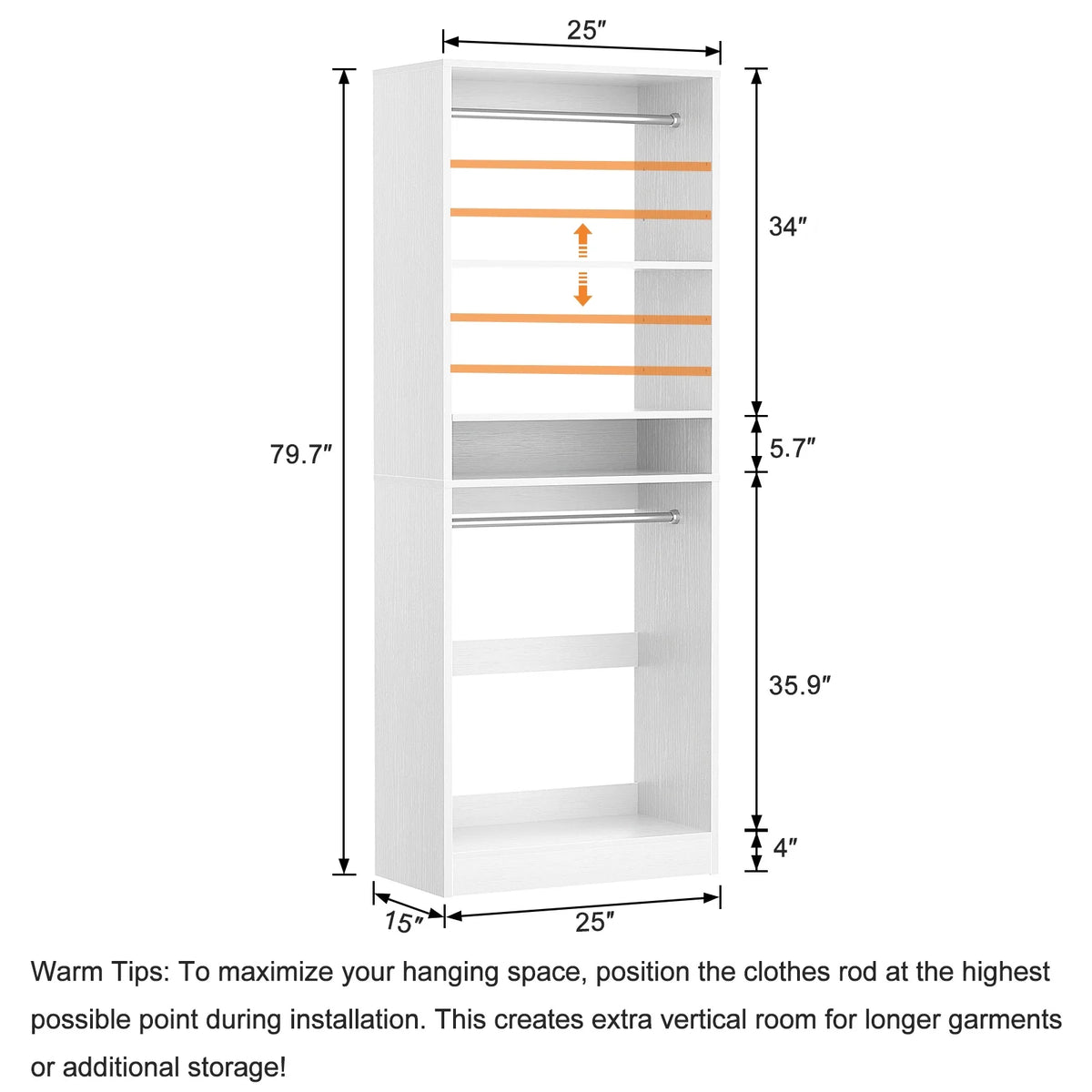Homieasy 25�?Closet System, Freestanding Closet Organizer Wardrobe with Hanging Rods and Shelves, Adjustable Clothes Garment Rack, Sturdy Walk in Closet Tower, White