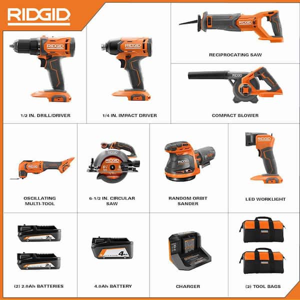 18V Cordless 8-Tool Combo Kit with (3) Batteries, Charger, and Bag with 18V Cut-Out Tool