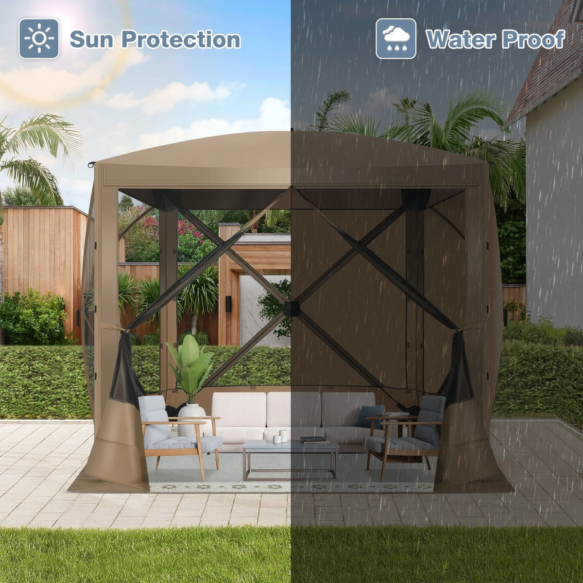 COBIZI 8x8 Pop up Gazebo Tent, Ez up Waterproof Screen Tent Screen House, Portable Outdoor Canopy Sun Shelter with 3 Sidewalls, Carry Bag & Ground Stakes for Camping, Garden and Picnics, Gray