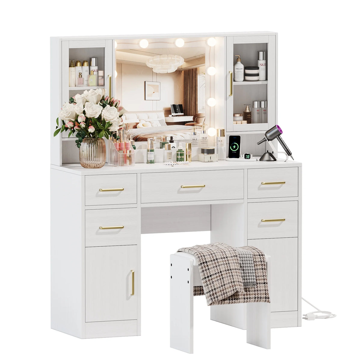 UGTOO 58.3" White Vanity Desk with Mirror, Adjustable Lighting, Power Outlet, Drawers, with Stool