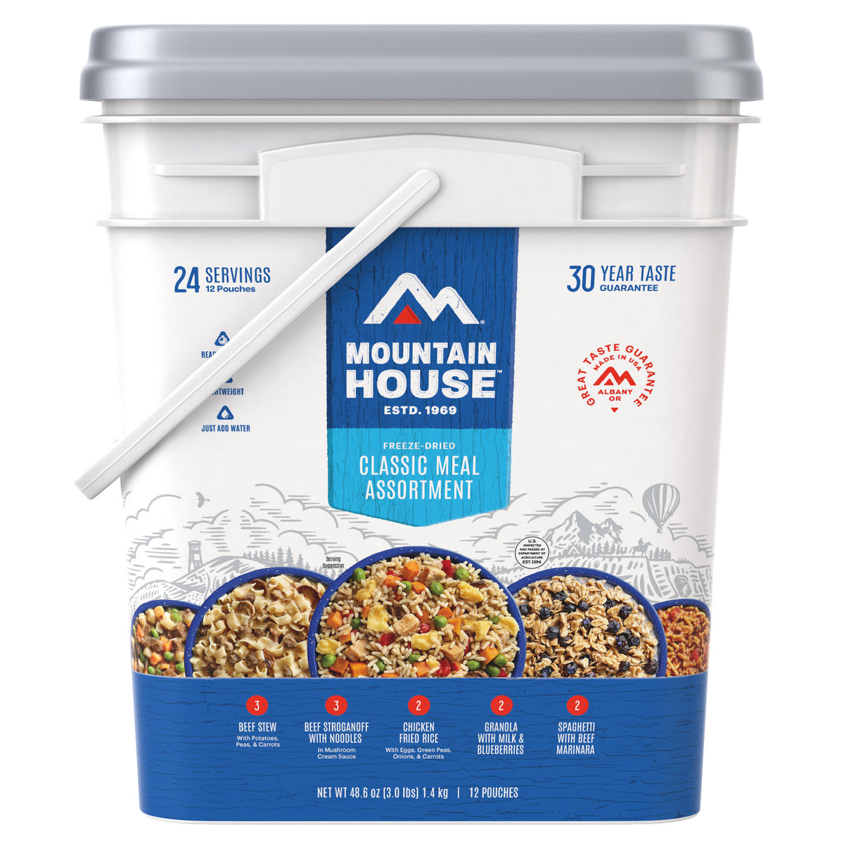 Mountain House Classic Meal Assortment Bucket (24 Total Servings), Freeze-Dried Backpacking & Camping Food