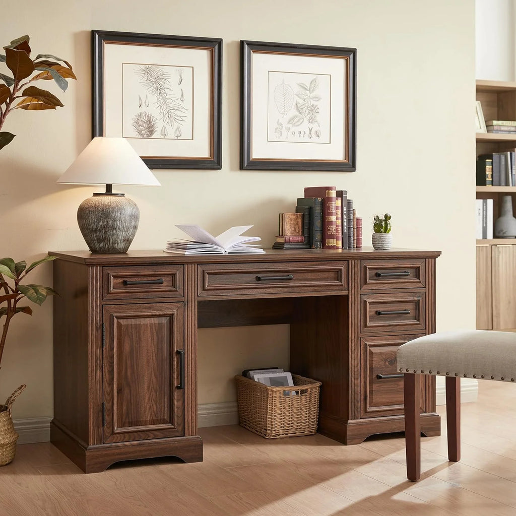 T4TREAM Farmhouse Wood 58" Executive Desk, Home Office 30" High Computer Desk with Drawers and Storage Cabinet, White