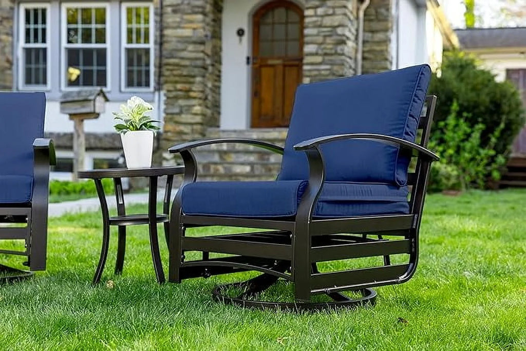 ALAULM 3 Piece Patio Outdoor Aluminum Metal Swivel Rocking Chair with 1 Coffee Table and 2 Khaki Padded Cushions Outdoor Metal Swivel Rocking Chair Furniture Conversation Set for Porch Garden