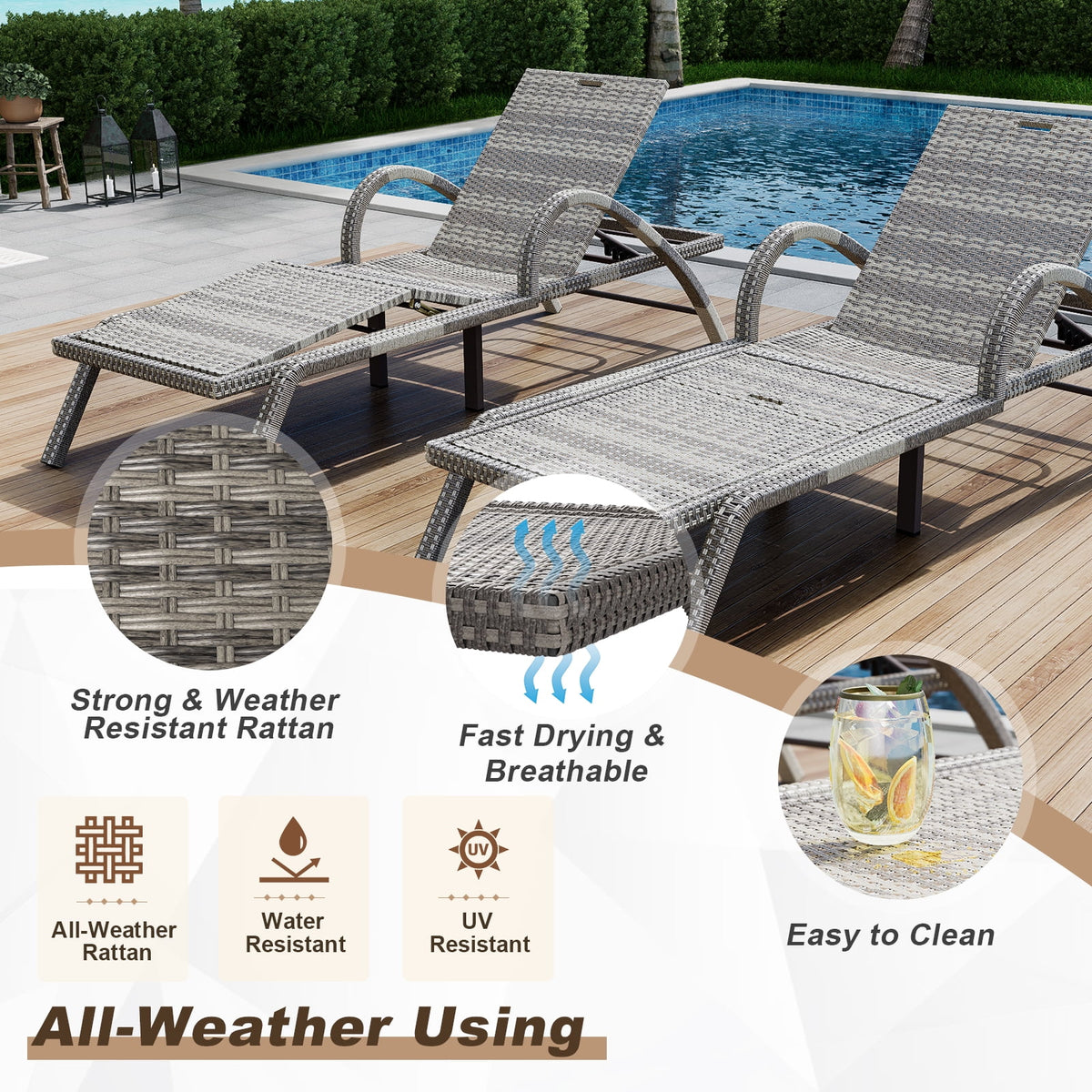MEISSALIVVE 4-Piece Outdoor Lounge Chairs, Pool Chairs with Adjustable 5 Position Backrest , PE Rattan Chaise for Backyard Porch Deck (Gray)