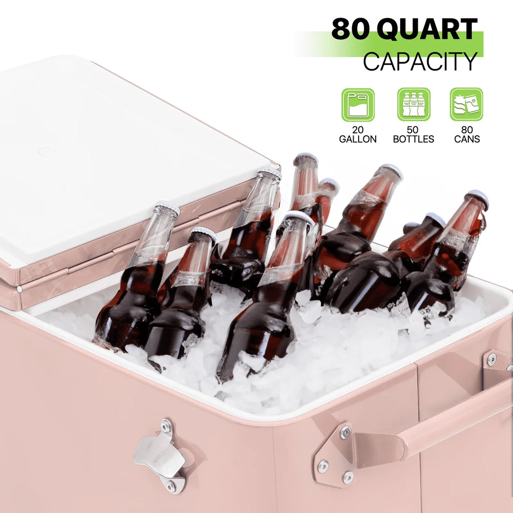 Magshion 80 Quart Rolling Cooler Ice Chest, Portable Bar Cold Drink Beverage Cart Tub, Backyard Cooler Trolley on Wheels with Ice Scoop, Catch Tray & Bottle Opener, Pink
