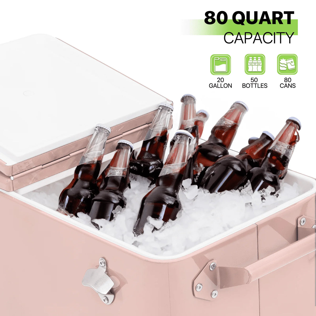 Magshion 80 Quart Rolling Cooler Ice Chest, Portable Bar Cold Drink Beverage Cart Tub, Backyard Cooler Trolley on Wheels with Ice Scoop, Catch Tray & Bottle Opener, Pink