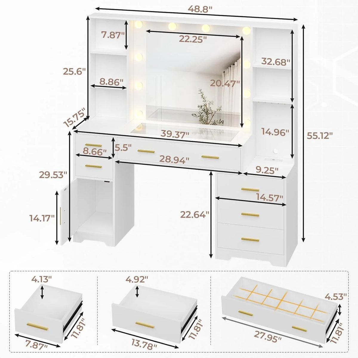 Aunfebrco White Vanity Desk Makeup Vanity Table with Mirror and Lights and Charging Station, Large Dressing Table with Storage Cabinet&6 Drawers&4 Storage Shelves for Bedroom
