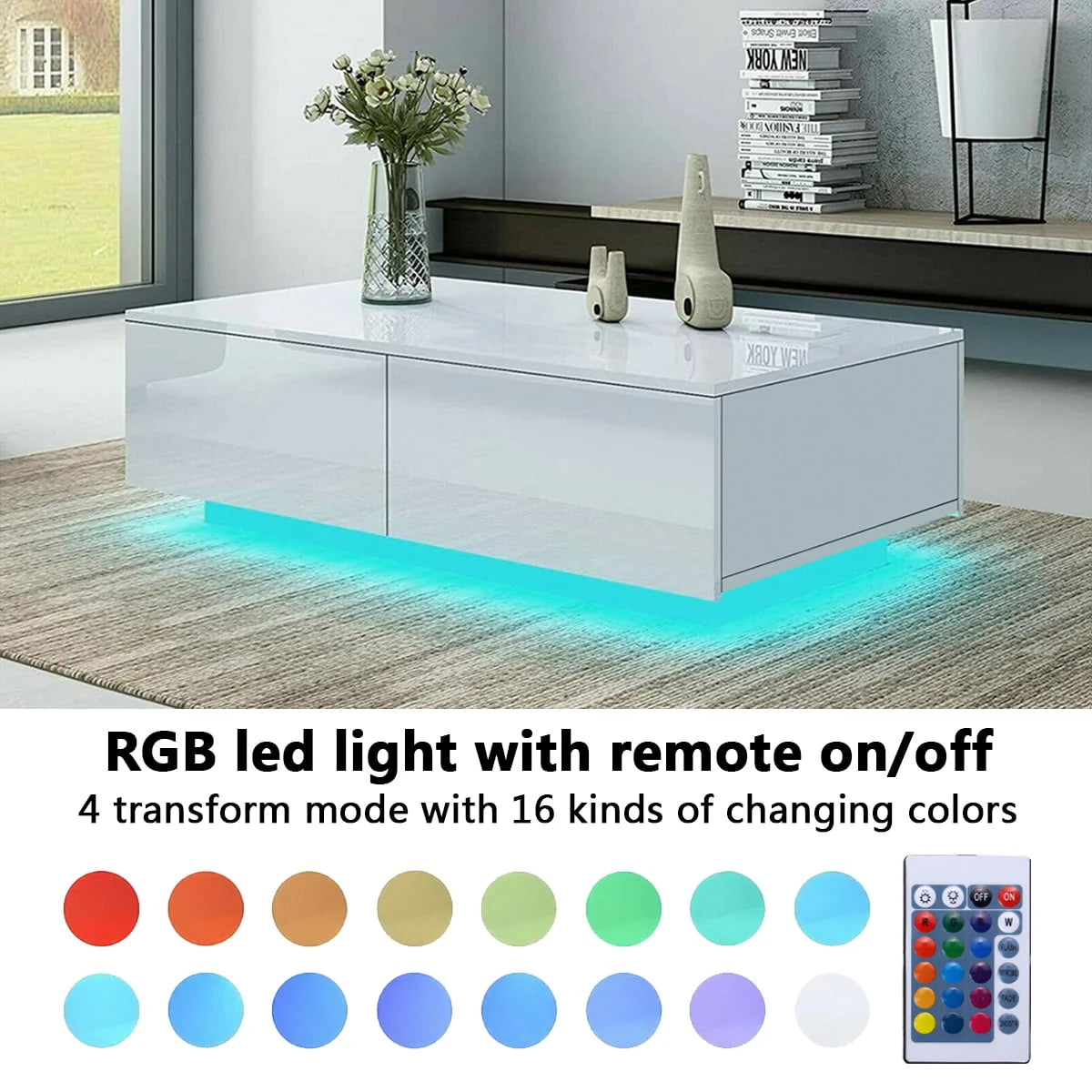 Hommpa Rectangular Coffee Table with LED Lights Tea Tables with 4 Drawers High Gloss Modern Living Room Furniture White Finish Sofa Side Table 37.4 x 23.6 x 15.4 Inches