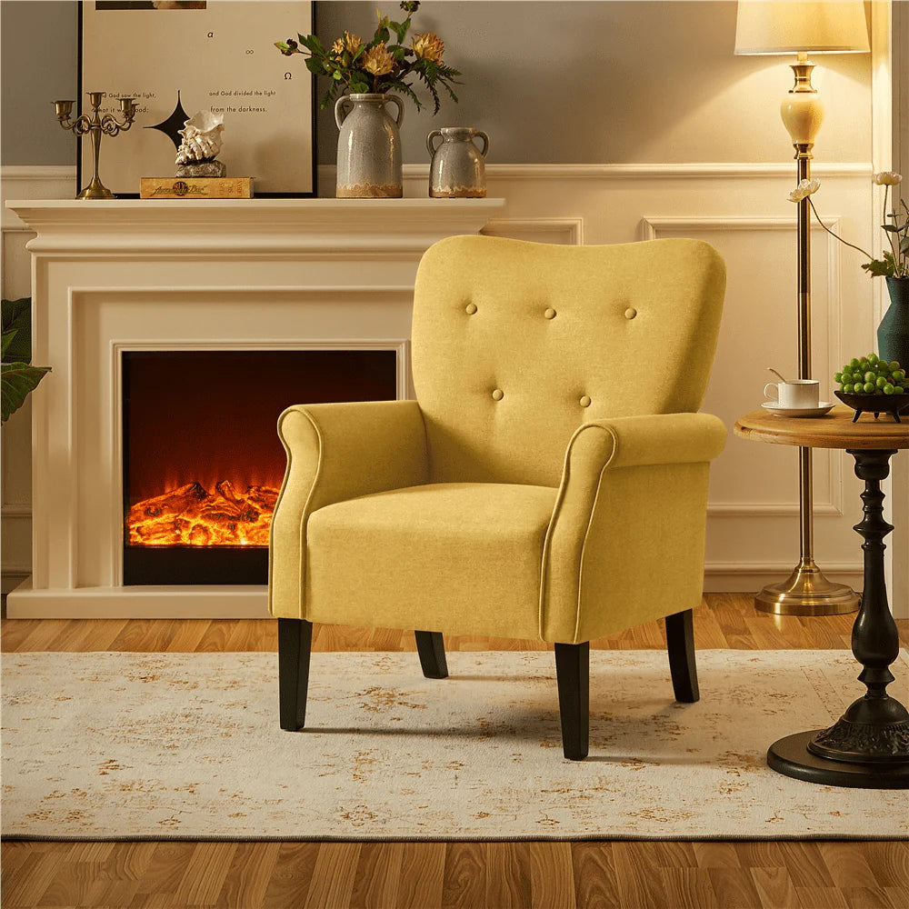 Topeakmart Modern Upholstered Accent Chair Roll Arm Single Sofa with Wooden Leg, Yellow