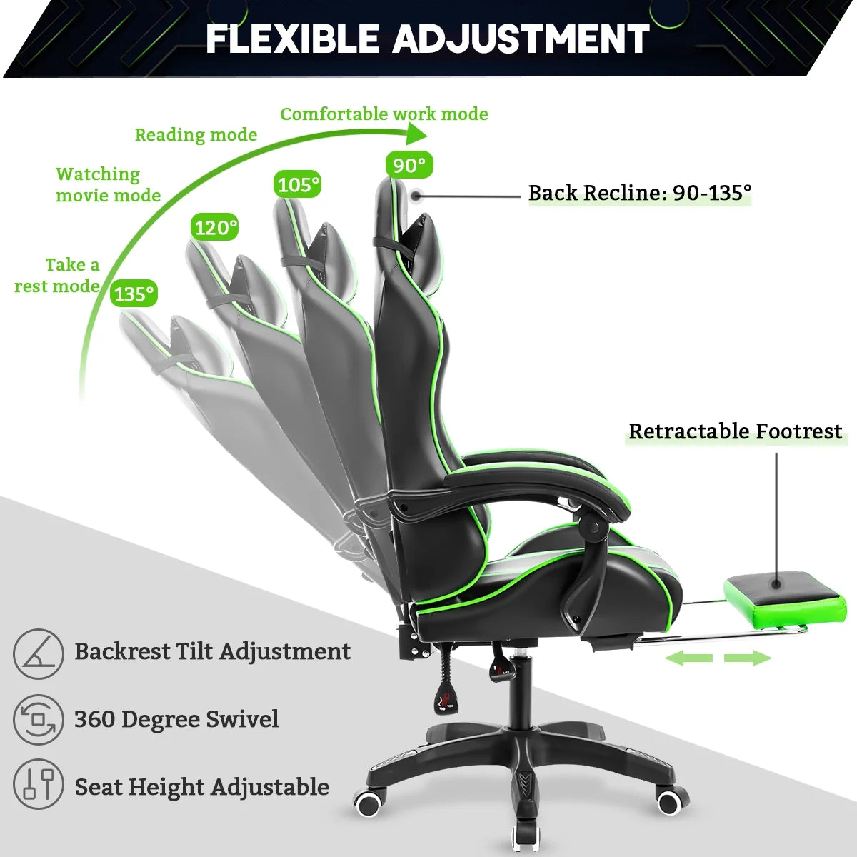 Gaming Chair with Massage Gamer Chair with 2D Armrests for Kids