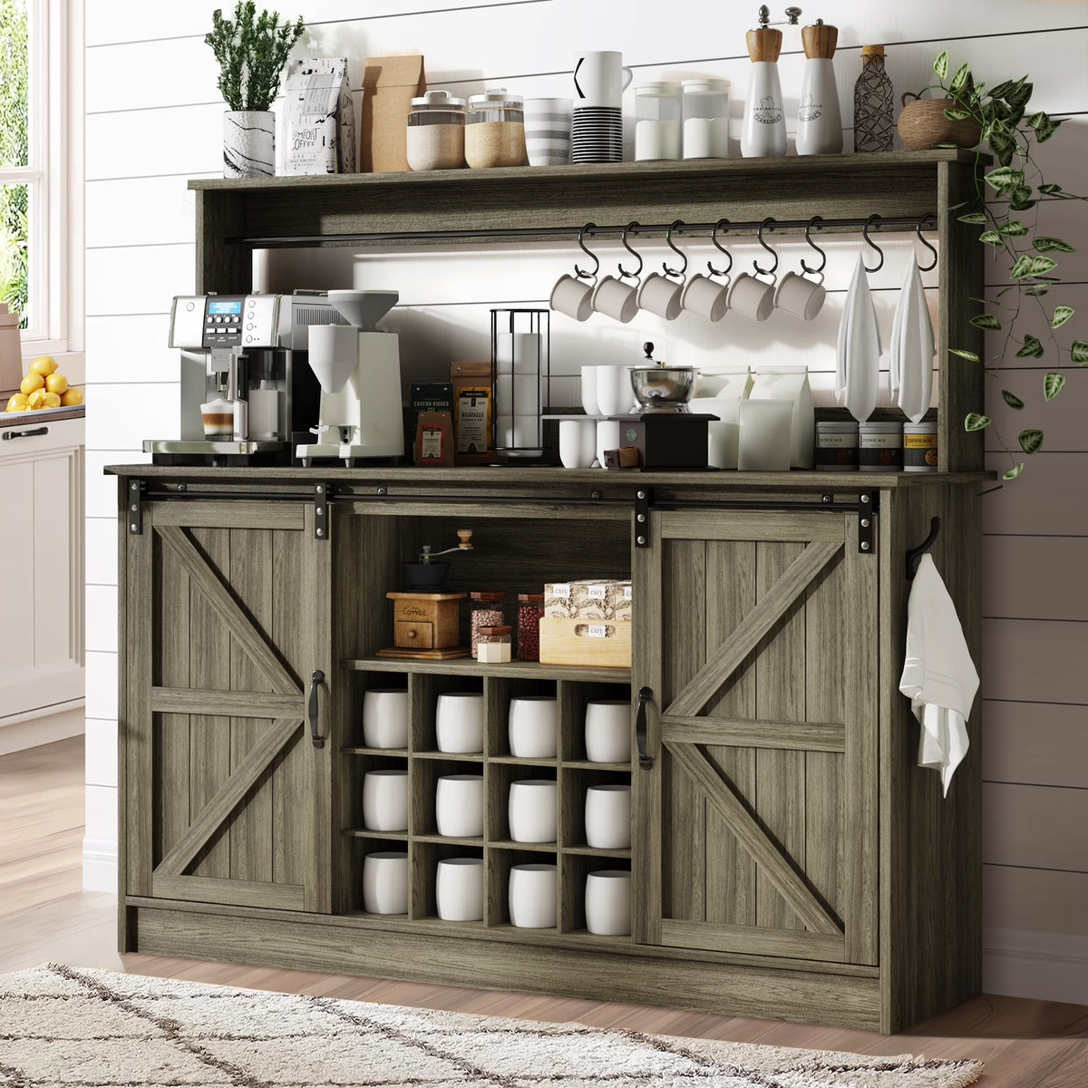 DreamCurship 55" Farmhouse Coffee Bar Cabinet, Buffet Sideboard Storage Cabinet, Wine Bar Cabinet with Wine Rack, White