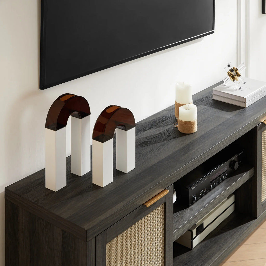 OAKHAM Rattan Tv Stands for 65 Inch Tv, Modern Farmhouse Entertainment Center, TV Console Table with Storage, Wood Media Console with Cabinet, Special Walnut